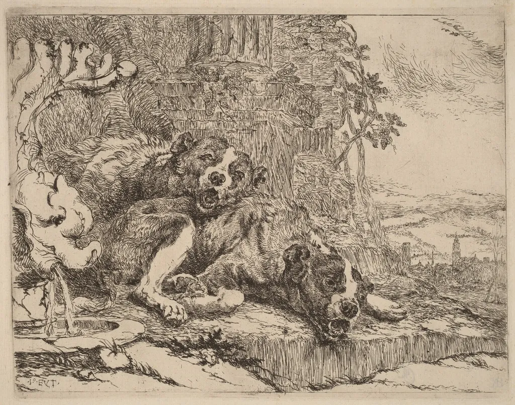 Two Mastiffs beside a Fountain, by Jan Fyt, ink, 1642