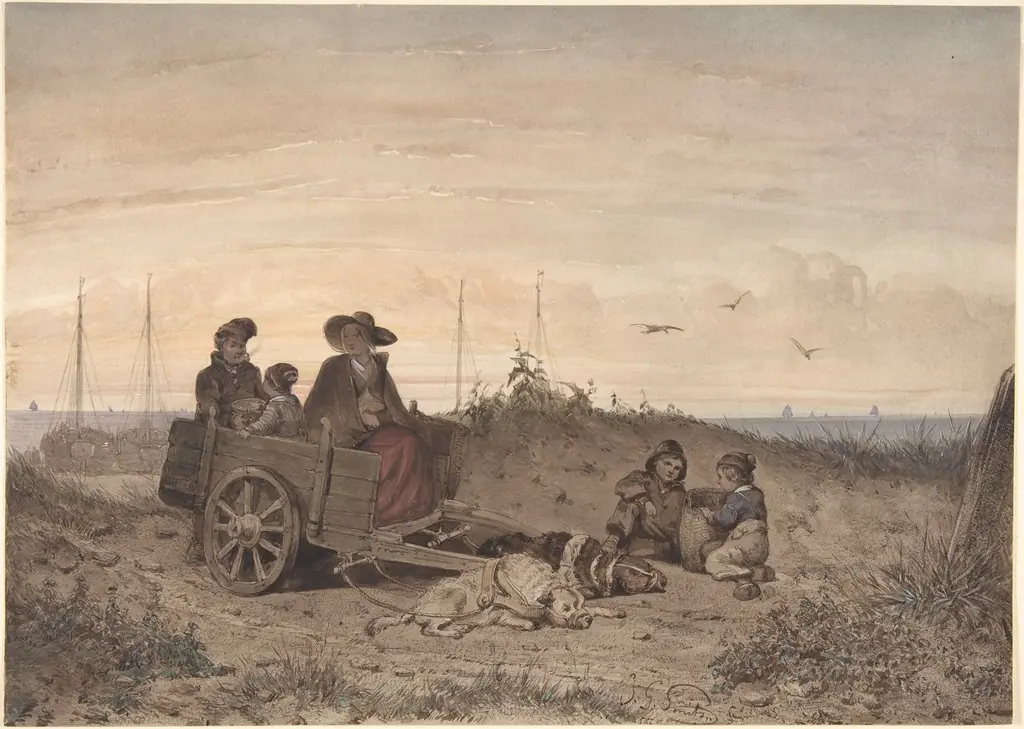 A Fisherman's Family at the Beach, the Mother and One of the Children Sitting in a Cart, by Jan Gerard Smits