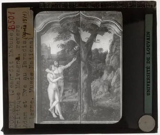 Jan Gossaert. Triptiek van Malvagna Zijpanelen, achterzijde: Adam en Eva verdreven uit het Aardsparadijs, by Jan Gossaert