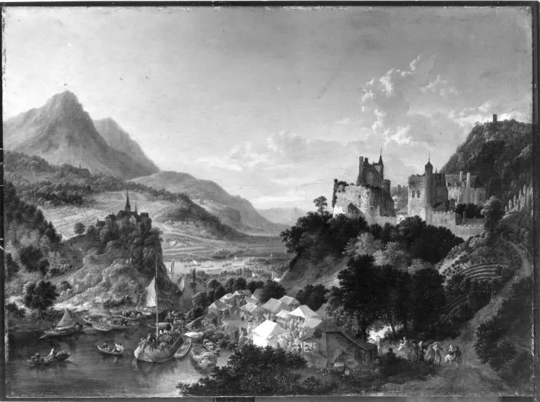 Mountainous river valley with a fair, by Jan Griffier, oil, 1691