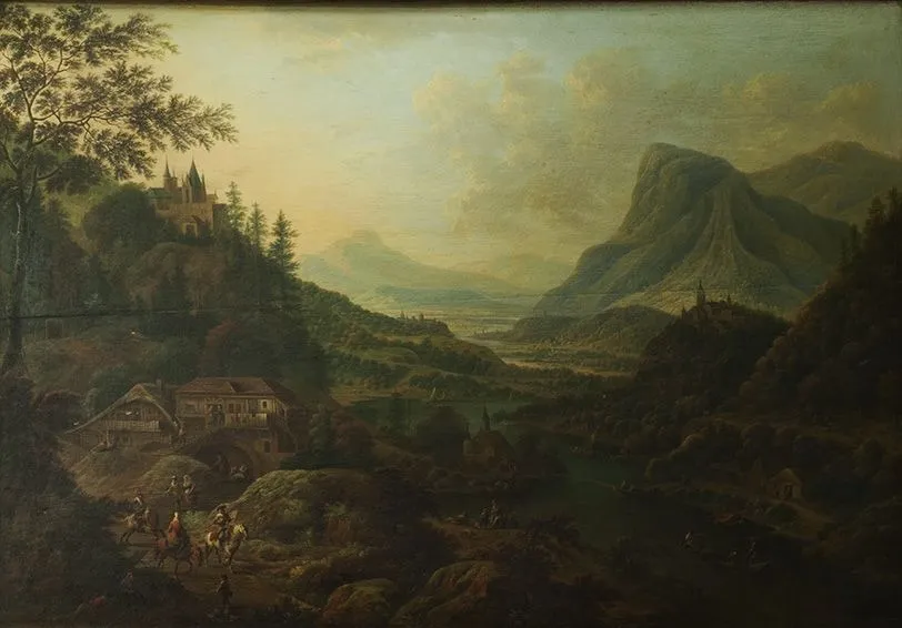 River in a hilly landscape, by Jan Griffier, oil, 1691