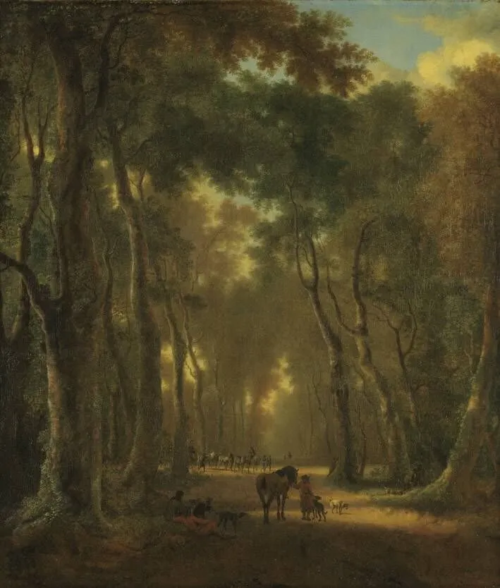 Buchenwald mit Jagdgesellschaft, by Jan Hackaert, unspecified, 1670