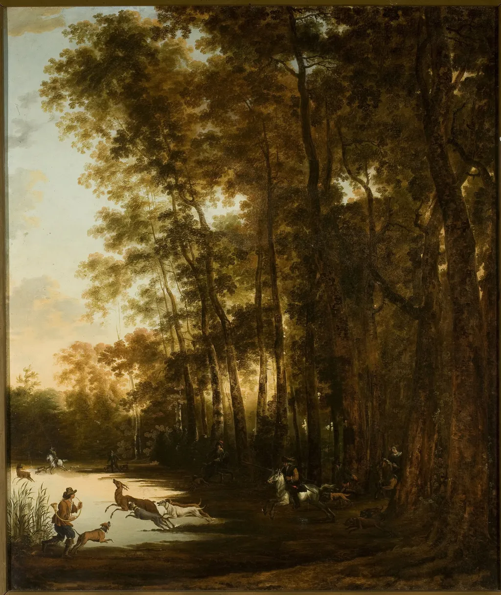 Deer Hunters in the Woods, by Jan Hackaert, oil, 1666