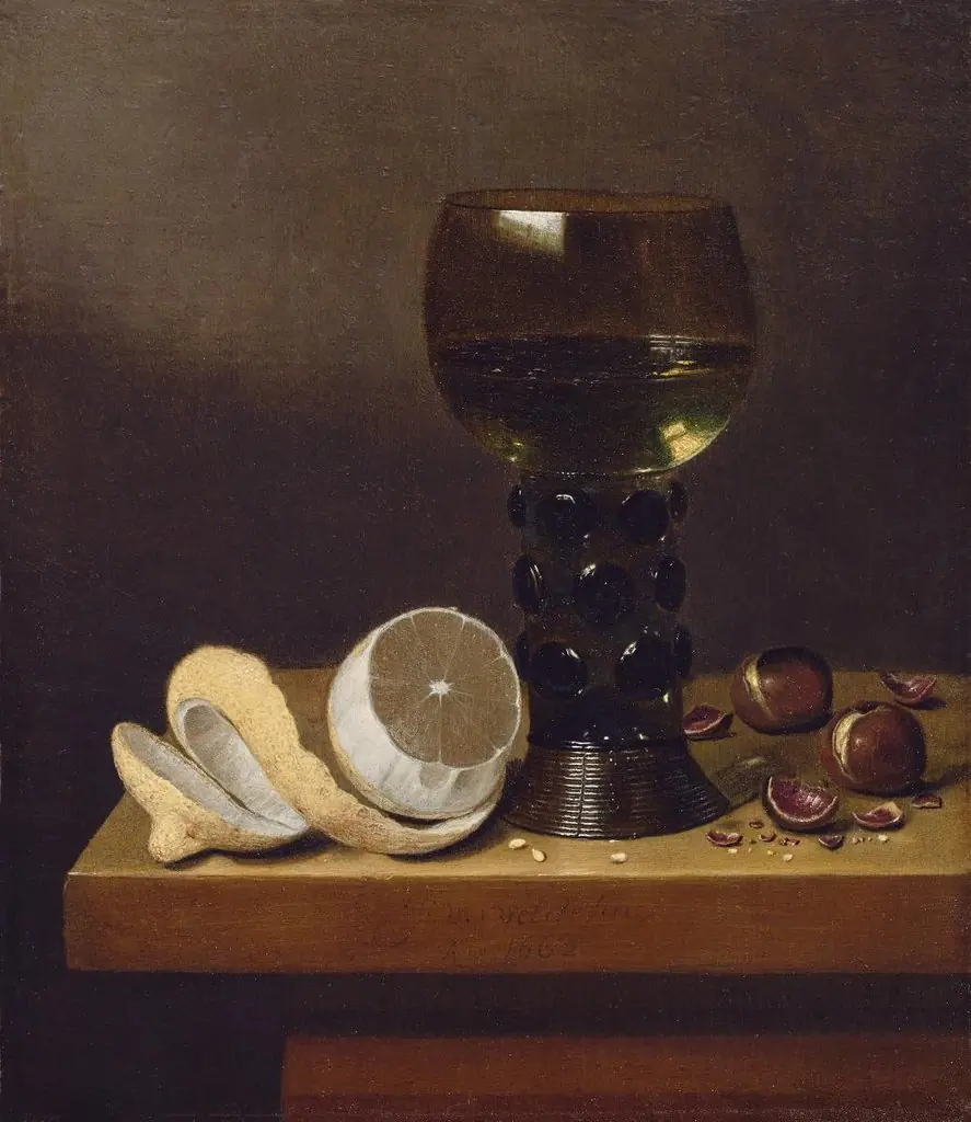Monochrome Banketje Monochromes Bankettbild (Bildpaar). Stillleben mit Römer, halber Zitrone und Kastanie, by Jan Jansz van de Velde