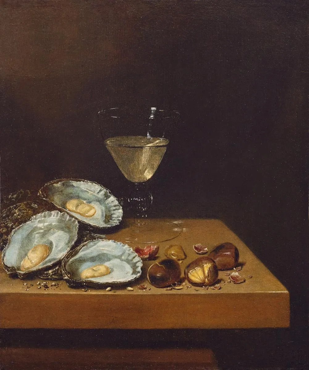 Monochrome Banketje Monochromes Bankettbild (Bildpaar). Stillleben mit Weinglas, Austern und Kastanien, by Jan Jansz van de Velde, oil, 1662