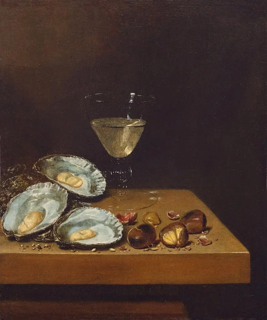Monochrome Banketje Monochromes Bankettbild (Bildpaar). Stillleben mit Weinglas, Austern und Kastanien, by Jan Jansz van de Velde