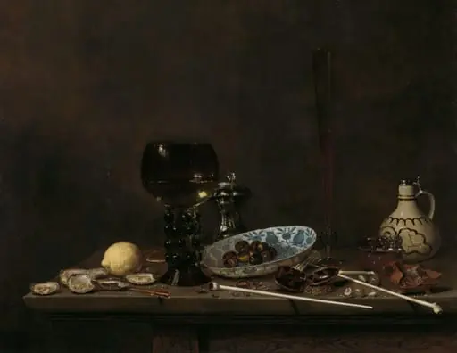 Still Life with Roemer, Salt Cellar, Tobacco, Lemon, and Olives, by Jan Jansz van de Velde