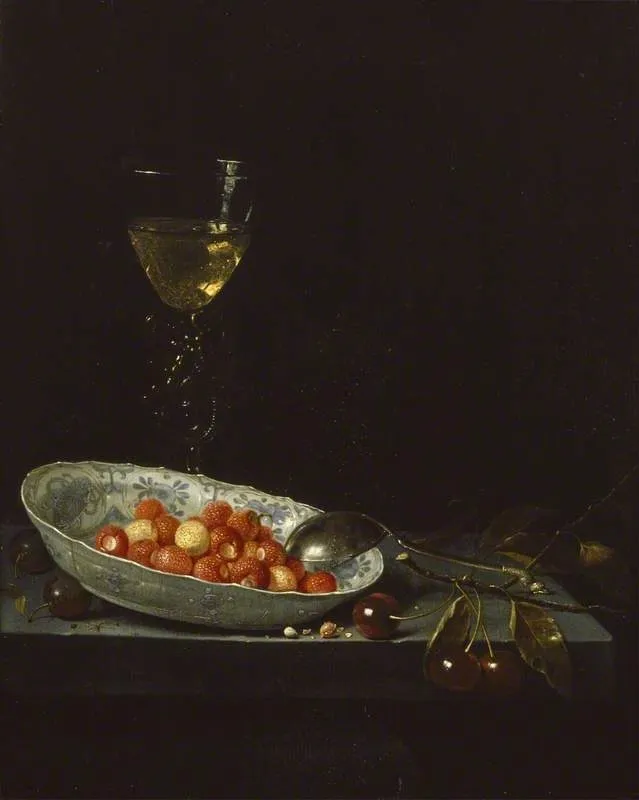 Still Life with Strawberries and Cherries, by Jan Jansz van de Velde, oil, 1658