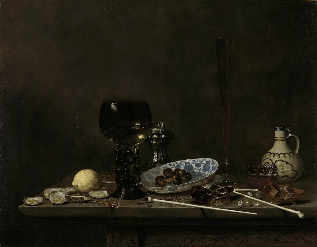 Still life with wineglass, flute, glass, earthenware jug and pipes, by Jan Jansz van de Velde, oil, 1651