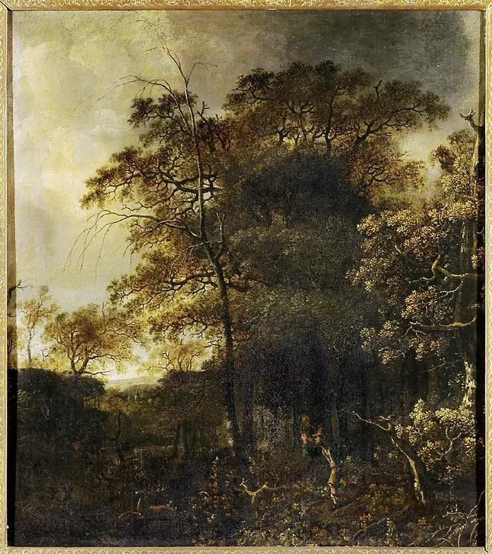 Forest landscape with huntsmen, by Jan Looten