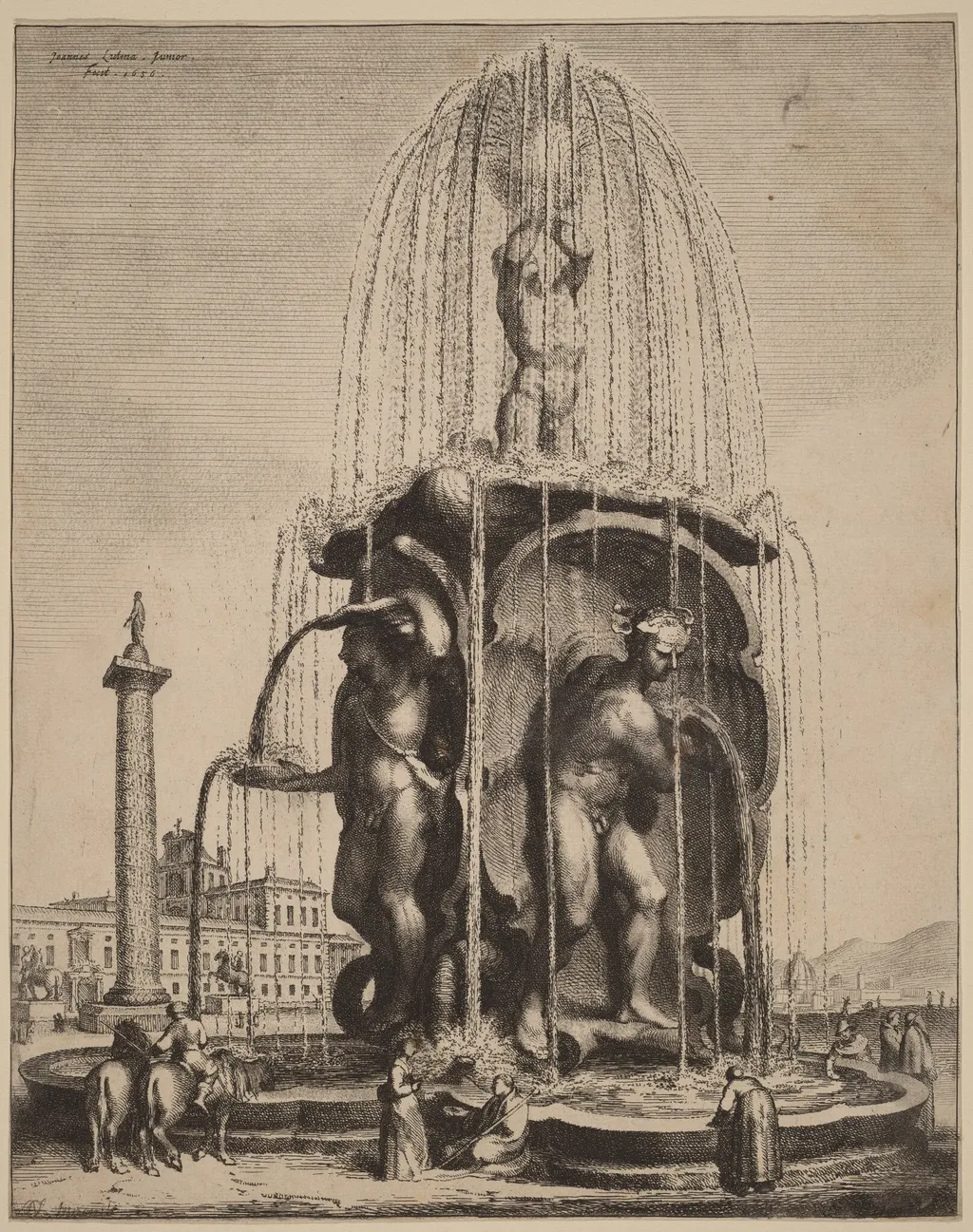 The Fountain and the Column of Trajan in Rome, by Jan Lutma II, ink, 1656