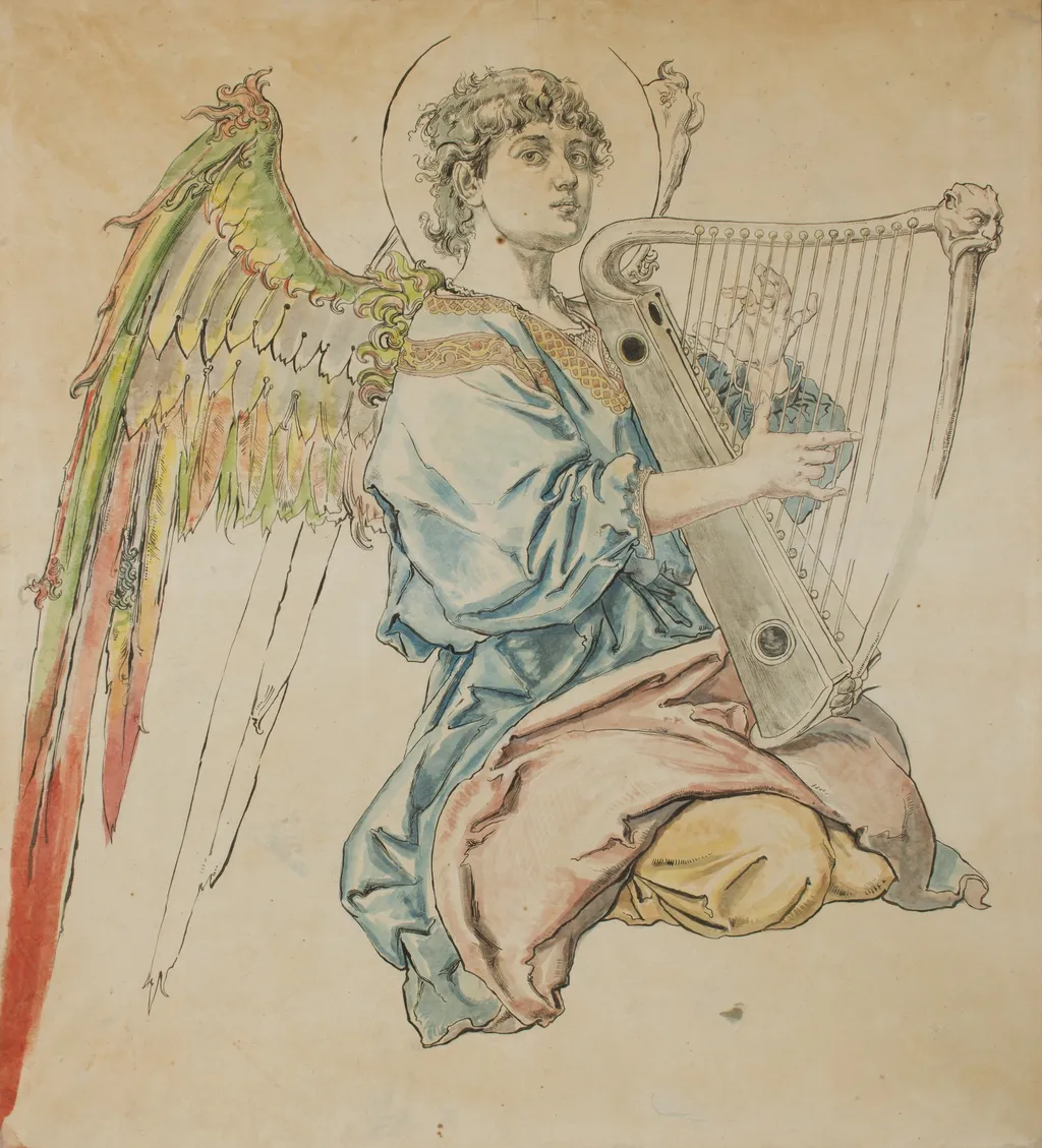 Cardboard for the Polychromy in the St Mary's Church – Figure of an Angel Playing the Lute, by Jan Matejko, unspecified