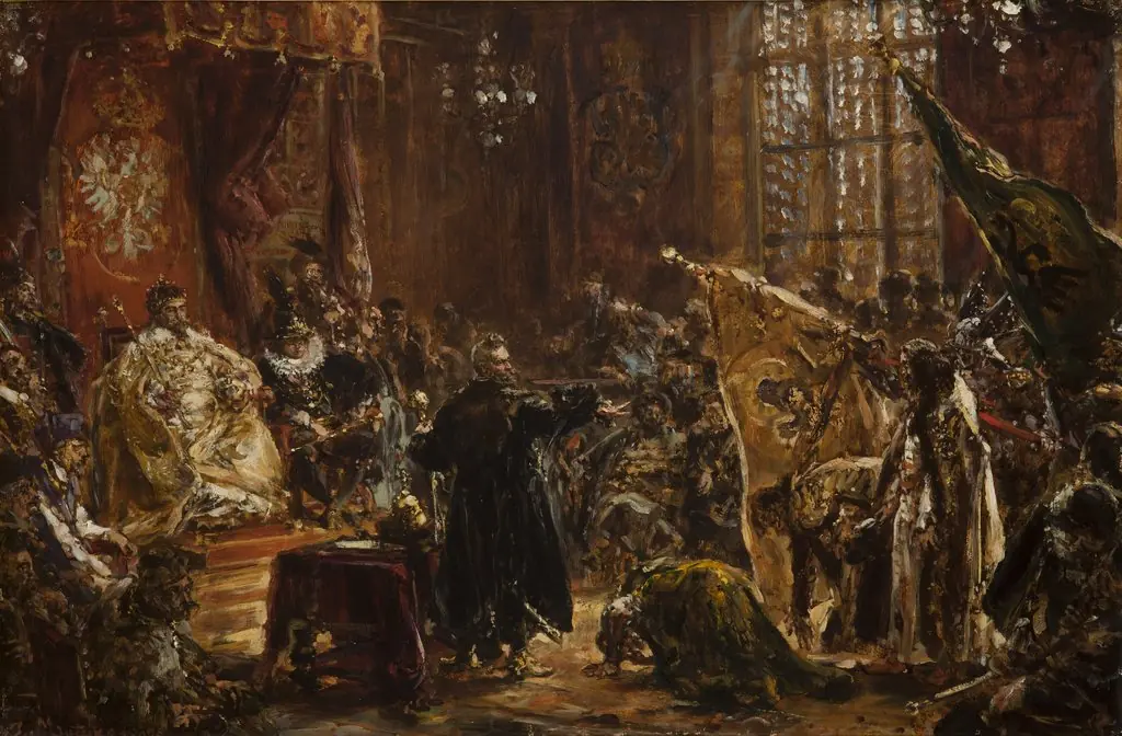 Tsars Shuyski brought by Żółkiewski to the Warsaw Sejm in front of Zygmunt III, by Jan Matejko