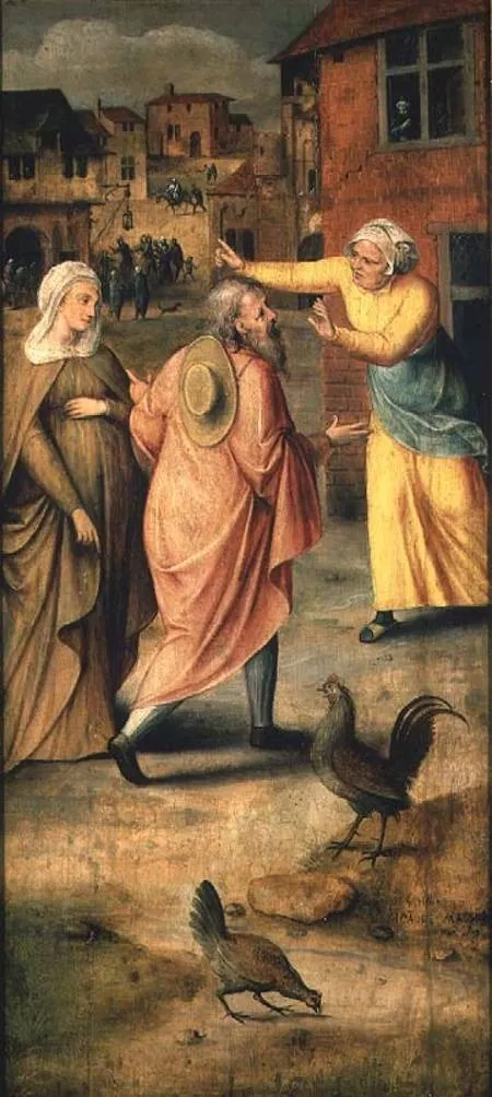 Mary and Joseph find no lodgings in Bethlehem, by Jan Matsys, oil, 1558