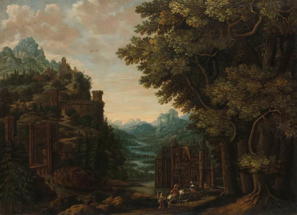 Mountainous landscape with river valley and castles, by Jan Meerhout, oil, 1661