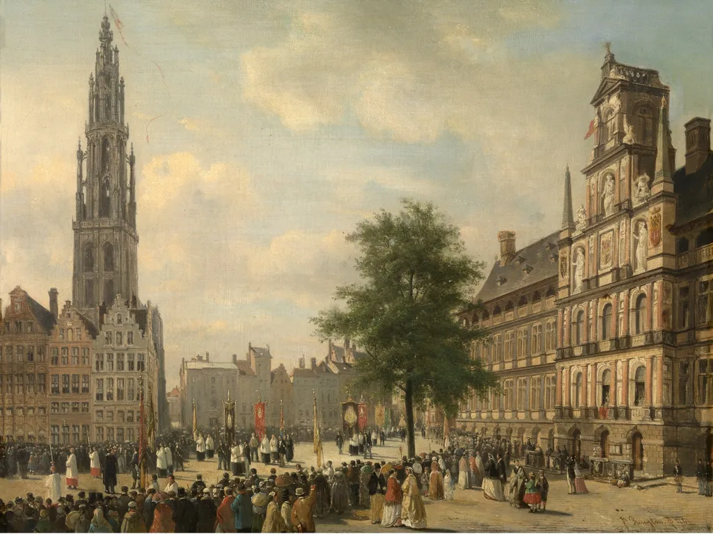 Procession on the Grote Markt in Antwerp, by Jan Michiel Ruyten, oil, 1848
