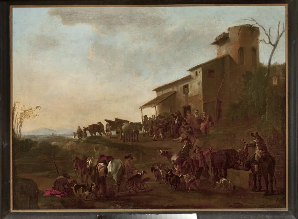 Scene in front of a tavern, by Jan Miel