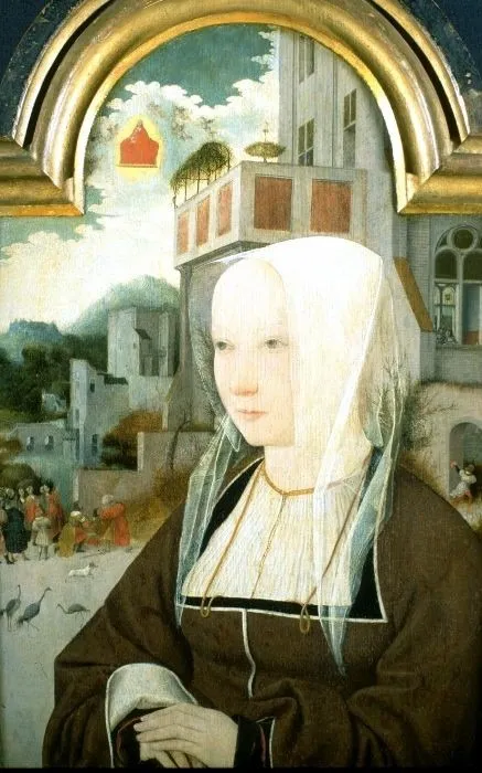 Portrait of a lady, with the Tiburtine Sibyl foretelling the advent of Christ to the emperor Augustus, by Jan Mostaert, oil, 1525