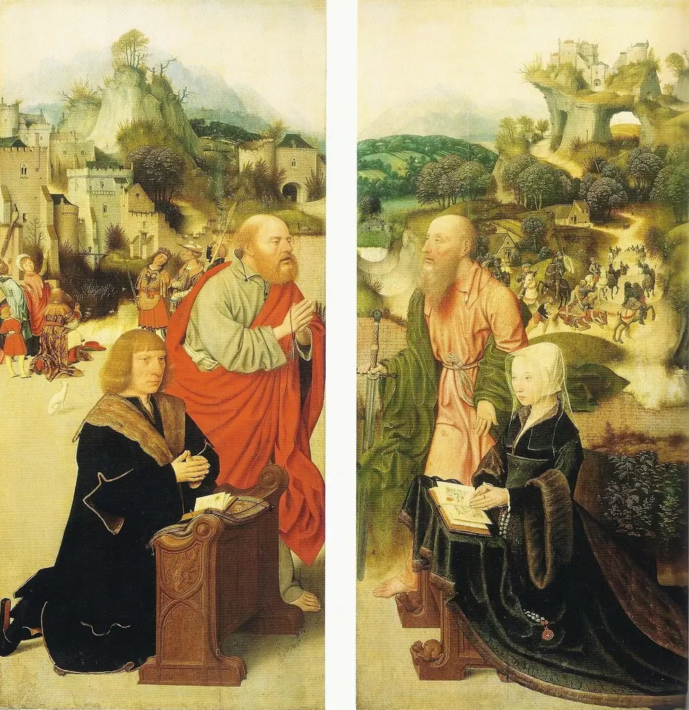 The donor, possibly Aelbrecht Adriaensz. van Adrichem with St. Peter (left); the donor, possibly Elisabeth van Dorp with St. Paul (right), by Jan Mostaert