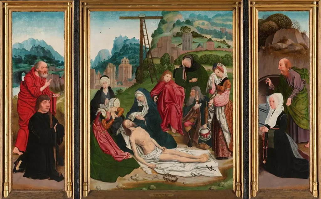 Triptych with the Lamentation (centre panel), the donor with St Peter (inner left wing), the donor’s wife with St Paul (inner right wing) and the donors’ coats of arms (outer wings), by Jan Mostaert