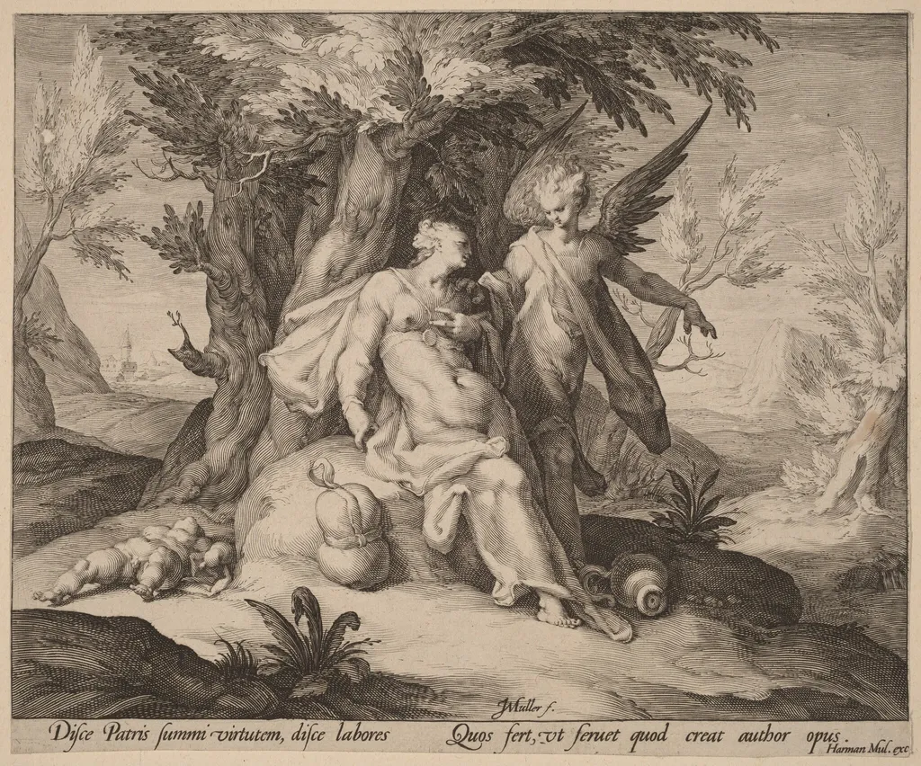 Hagar in the Desert Consoled by an Angel, by Jan Muller, ink, 1591