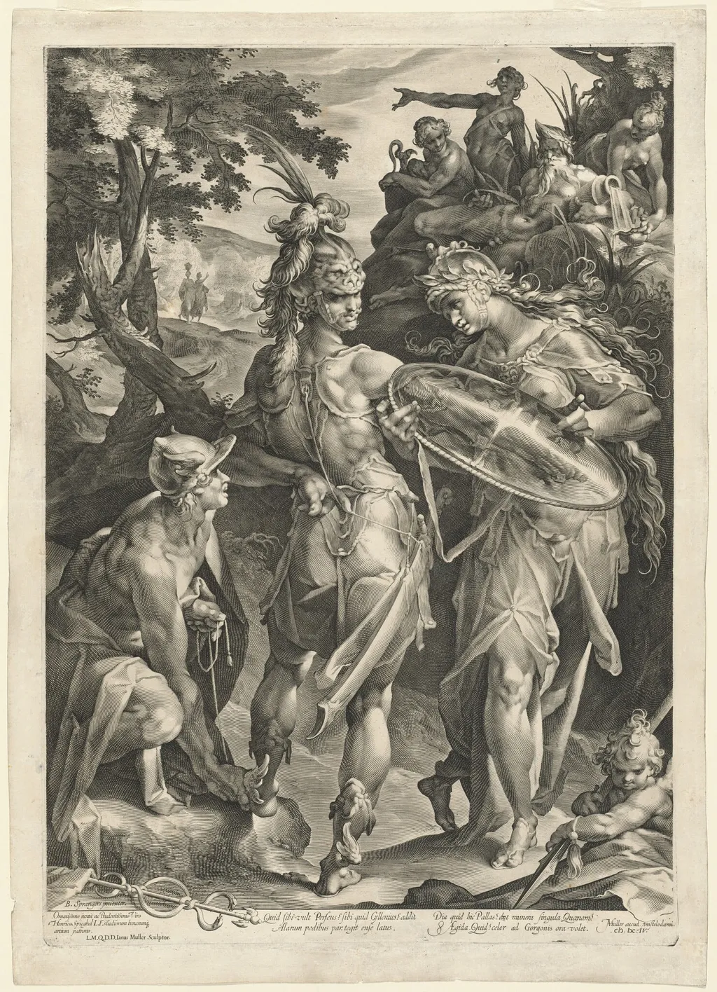 Minerva and Mercury Arming Perseus, by Jan Muller, ink, 1604