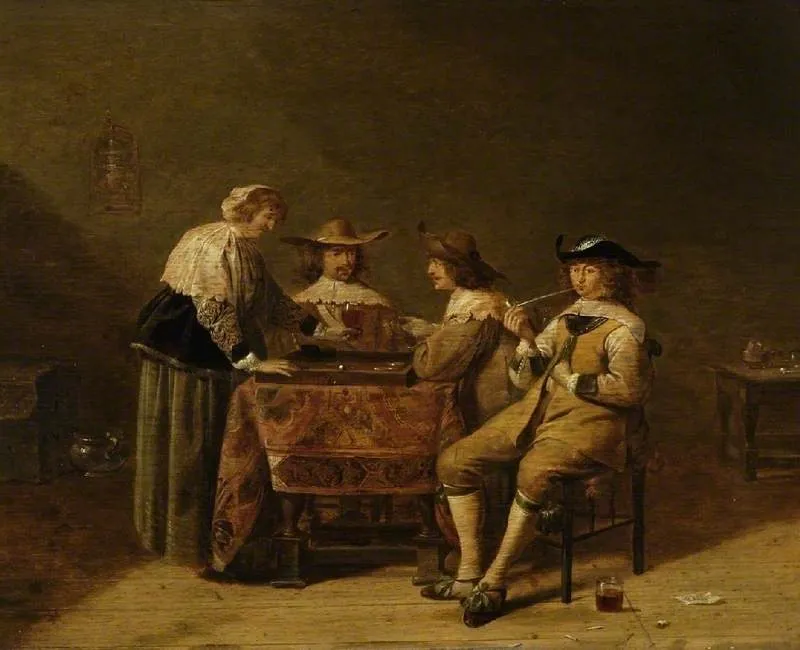 Gentlemen playing backgammon, by Jan Olis, oil, 1637