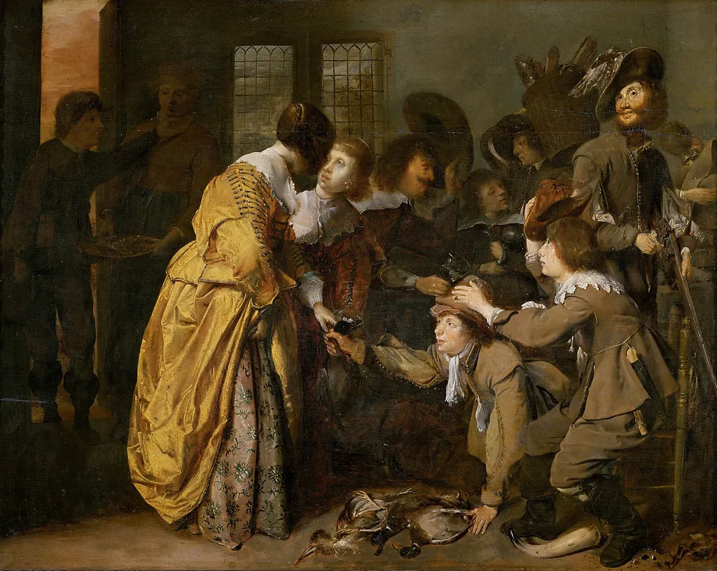 Interior with men returning from hunting and women inspecting the game, by Jan Olis, oil, 1632