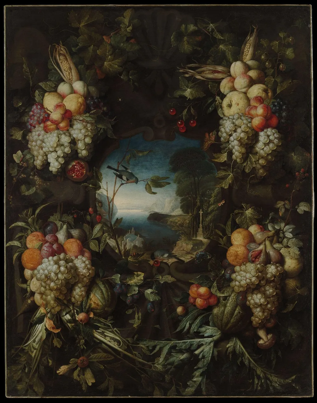 Garland of Fruit Surrounding a Cartouche Opening onto a Landscape, by Jan Pauwel Gillemans, oil, 1650