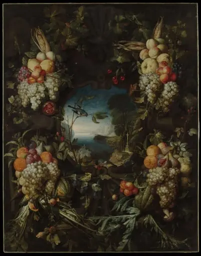 Garland of Fruit Surrounding a Cartouche Opening onto a Landscape, by Jan Pauwel Gillemans
