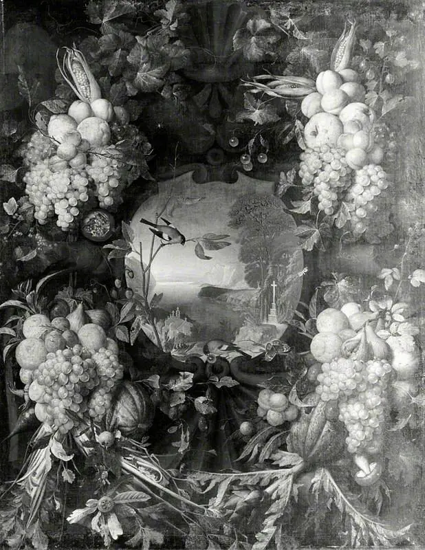 Garland of Fruit Surrounding a Cartouche Opening onto a Landscape, by Jan Pauwel Gillemans the Elder