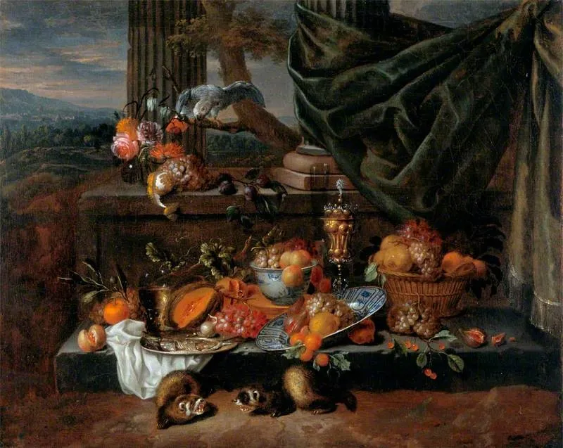 Still Life with Fruit, a Parrot and Polecat Ferrets, by Jan Pauwel Gillemans the Elder, oil, 1656