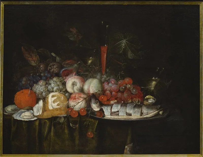 Still Life with Fruit and a Herring, by Jan Pauwel Gillemans the Elder, oil, 1656