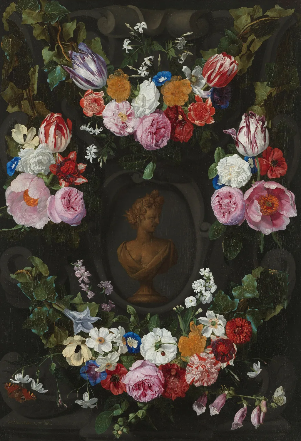 Festoon of flowers encircling a bust of Flora, by Jan Philip van Thielen, oil, 1665