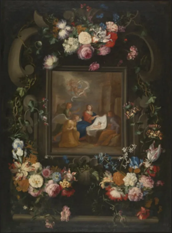 Garland of flowers around a scene of the birth of Christ, by Jan Pieter Brueghel, oil, 1650