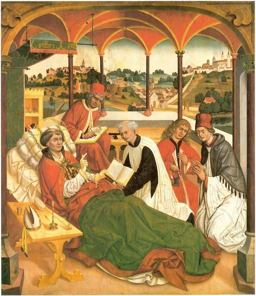 Weihenstephaner Altar: Tod des hl. Korbinian Rückseite: Christus am Ölberg, by Jan Polack