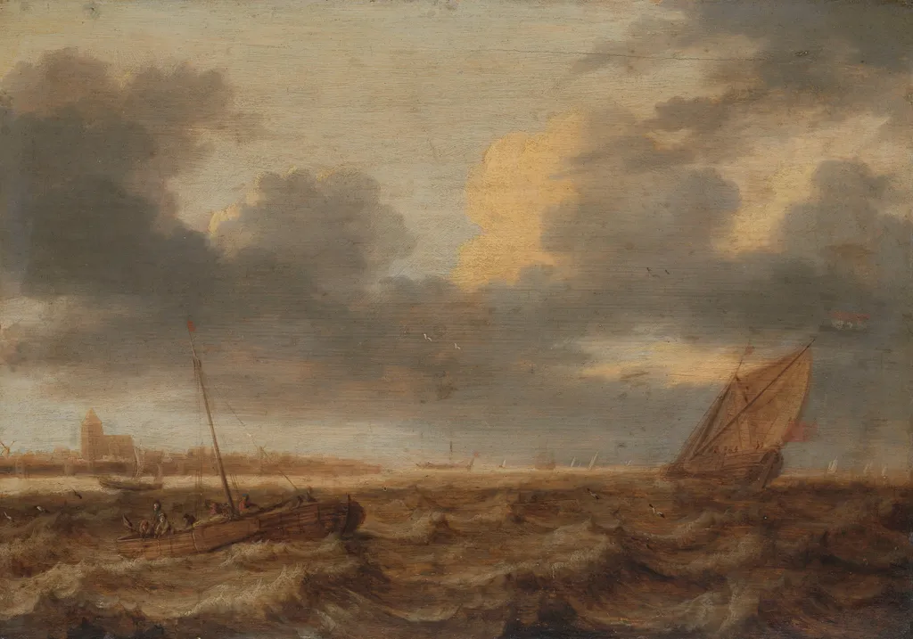 Fishing boats in choppy waters, by Jan Porcellis, oil, 1630