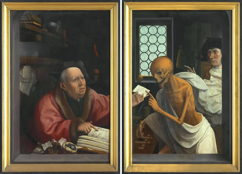 Death and the Miser (outer doors);  St. Nicolas with donor and St. Godelieve with donor (inner doors), by Jan Provoost, 1520