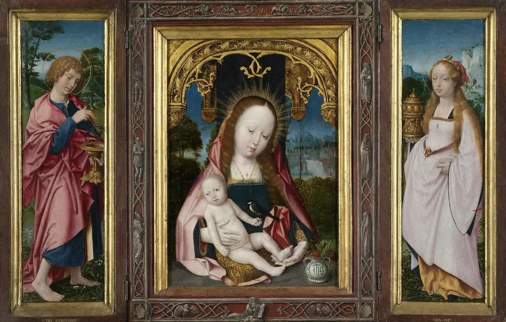 Triptych with the Virgin and Child (centre panel), St John the Evangelist (inner left wing) and Mary Magdalen (inner right wing), by Jan Provoost, oil, 1520