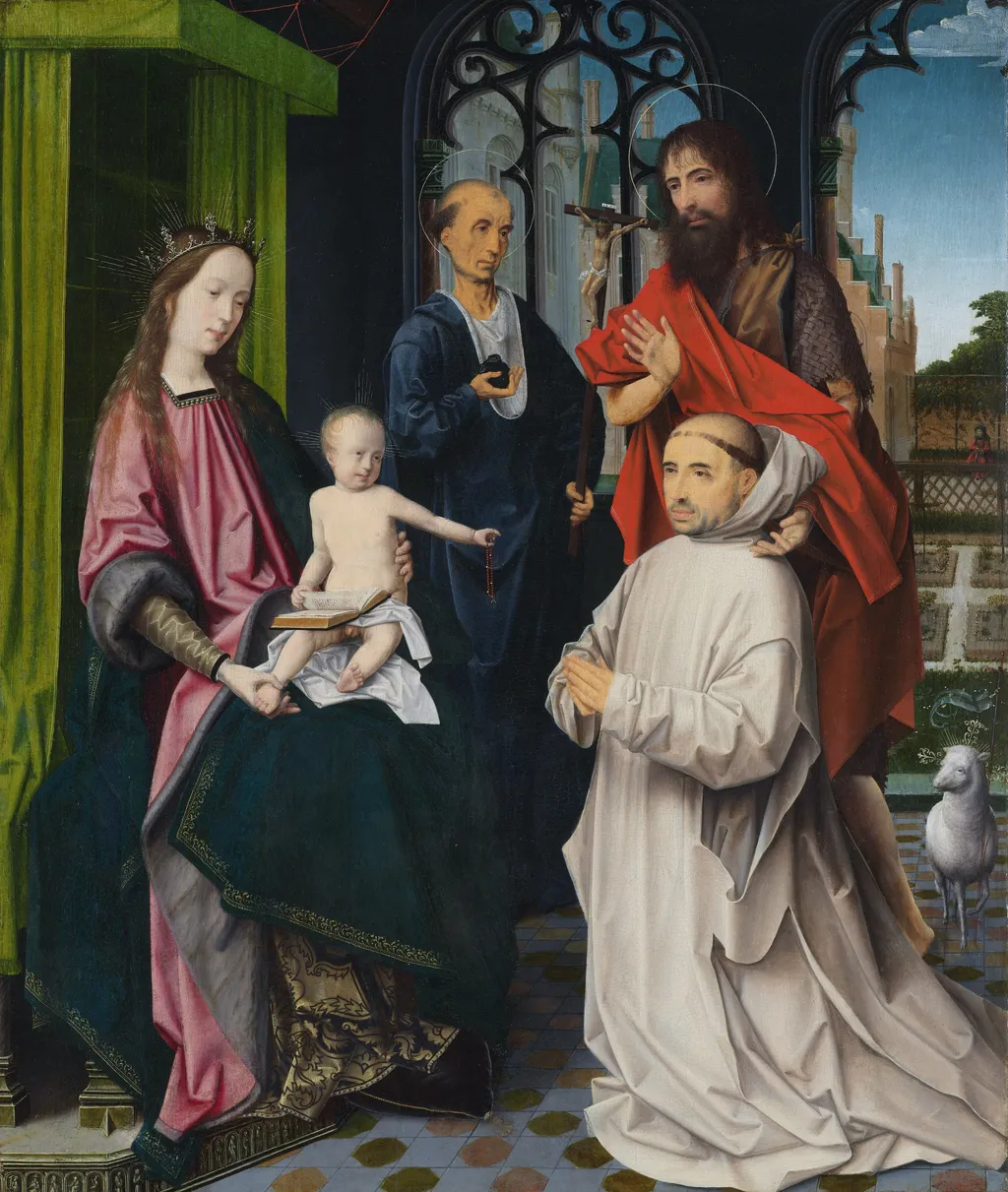 Virgin and Child Enthroned, with Saints Jerome and John the Baptist and a Carthusian Monk, by Jan Provoost, oil, 1510