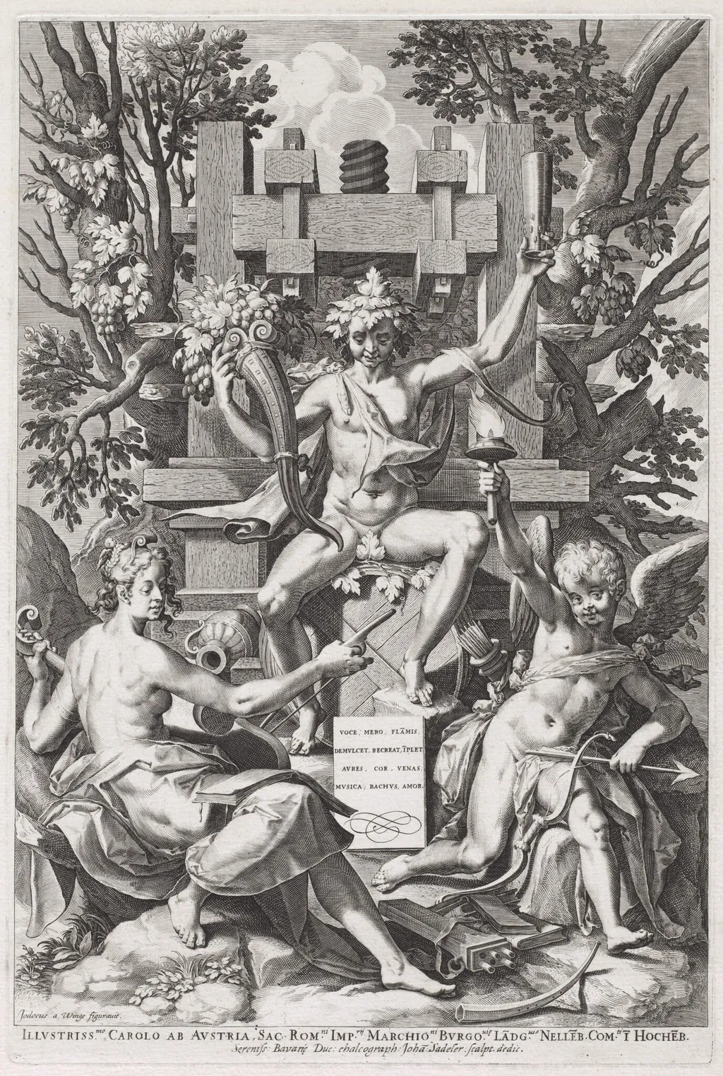 Bacchus Seated on a Barrel between Amor and Music, by Jan Sadeler I, ink, 1590