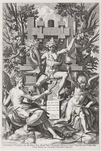 Bacchus Seated on a Barrel between Amor and Music, by Jan Sadeler I