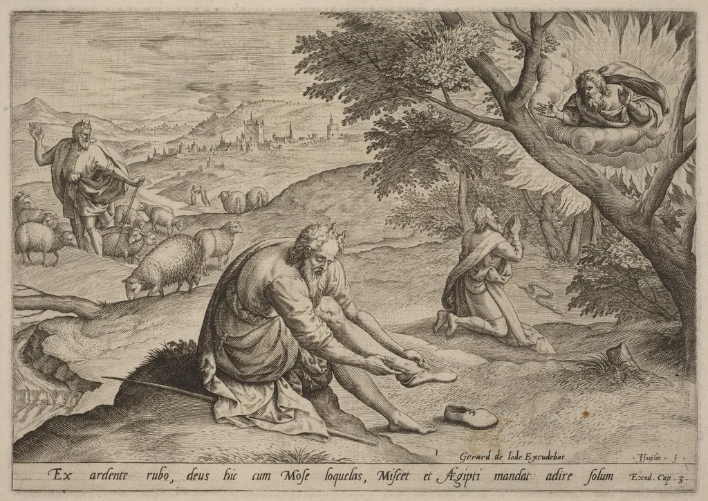 God Appearing to Moses, by Jan Sadeler I, ink, 1585