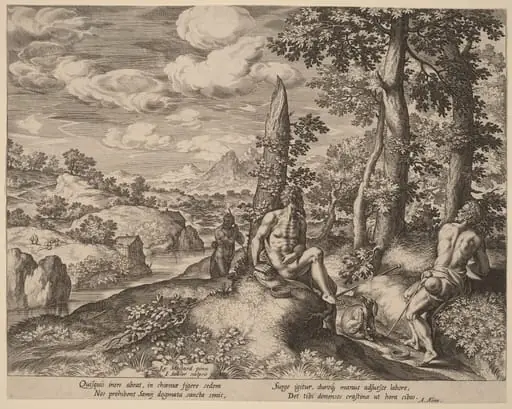 Landscape with Three Nude Men and a Dog, by Jan Sadeler I