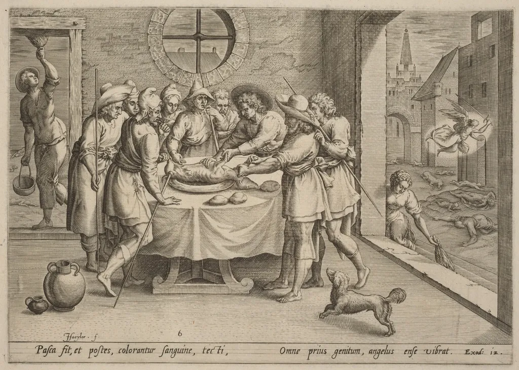 Preparation for the Passover, by Jan Sadeler I, ink, 1585