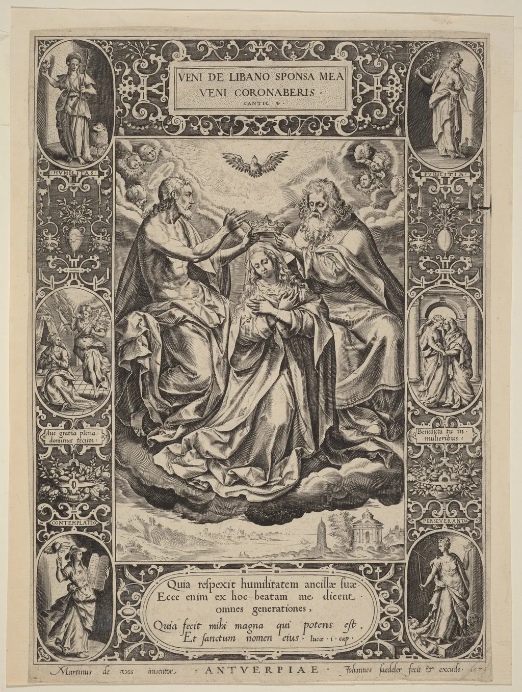 The Coronation of the Virgin, by Jan Sadeler I, ink, 1576