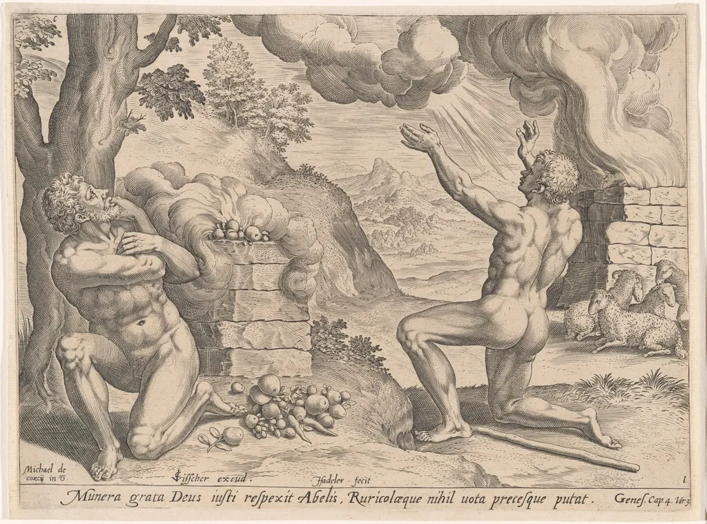 The Offering of Cain and Abel, by Jan Sadeler I, ink, 1576