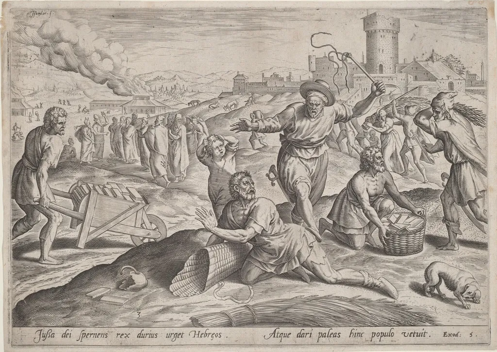 The Taskmaster of the Pharaoh Beating the Israelites, by Jan Sadeler I, ink, 1585