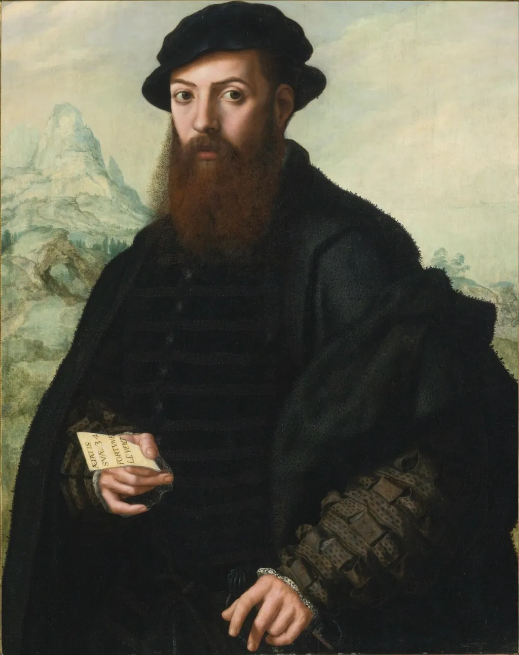 Portrait of a bearded man, aged 34, before an extensive landscape, by Jan Sanders van Hemessen, oil, 1536