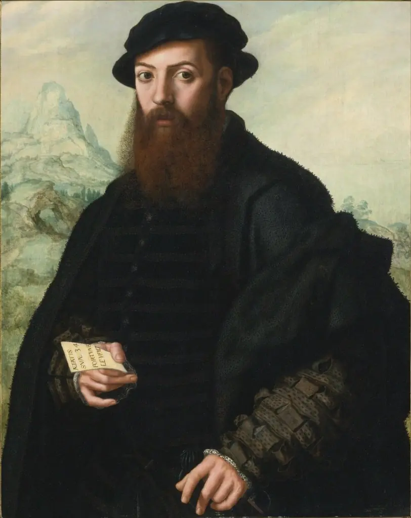 Portrait of a bearded man, aged 34, before an extensive landscape, by Jan Sanders van Hemessen